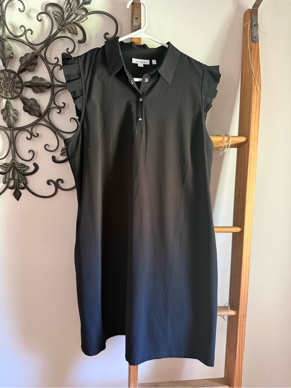 Chico's Black Sleeveless Shirt Dress with Ruffle Shoulders